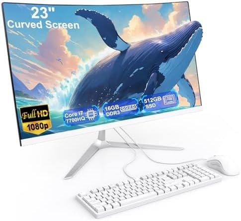 23.8" All-in-One Computer Curved Display White Minimalist Design for Work | 4 Cores Core i7 7700HQ(up to 3.8Ghz) 16GB RAM 512GB SSD Dual-Band WiFi Bluetooth 5.0 Complete with Wired Keyboard & Mouse