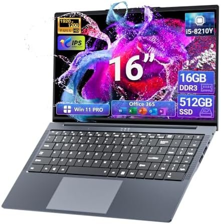 2026 Laptop, 16’’ Laptop Computer with Core i5-8210Y Processor (Up to 3.6GHz) 16GB RAM 512GB SSD, UHD Graphics, FHD 1920*1200, WiFi 5, BT 5.0, 180°Open Lap Top, Win 11 Pro, Backlit Keyboard